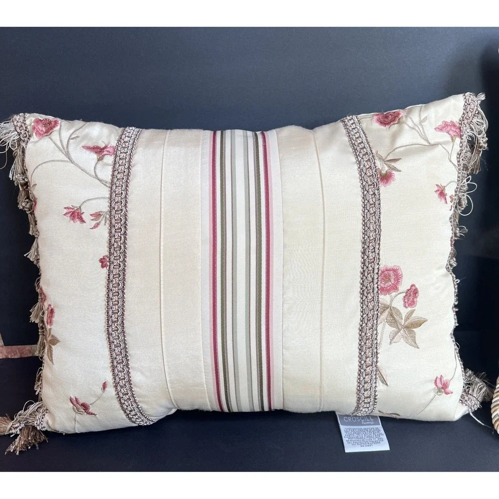 Croscill Rose Garden Floral Throw Pillows x2 16x16 & 16x12 Embroidered Tassels